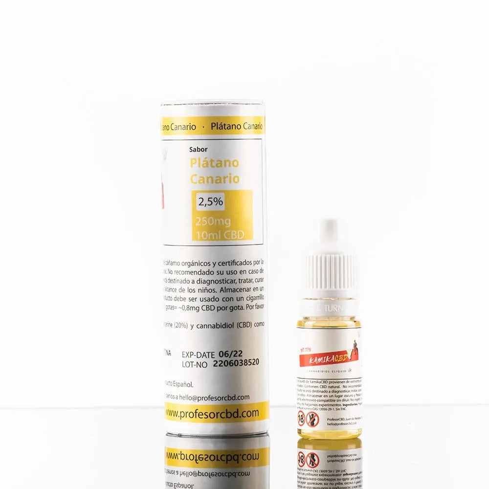 KamikaCBD eliquid · Plátano Canario · al 2,5% (250mg) o 5% (500mg) CBD