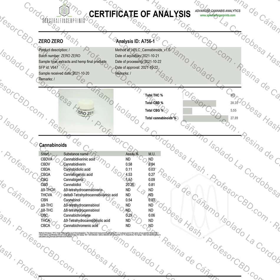 Charas de cânhamo com 20,35% CBD e 0% THC · Hash La Cordobesa