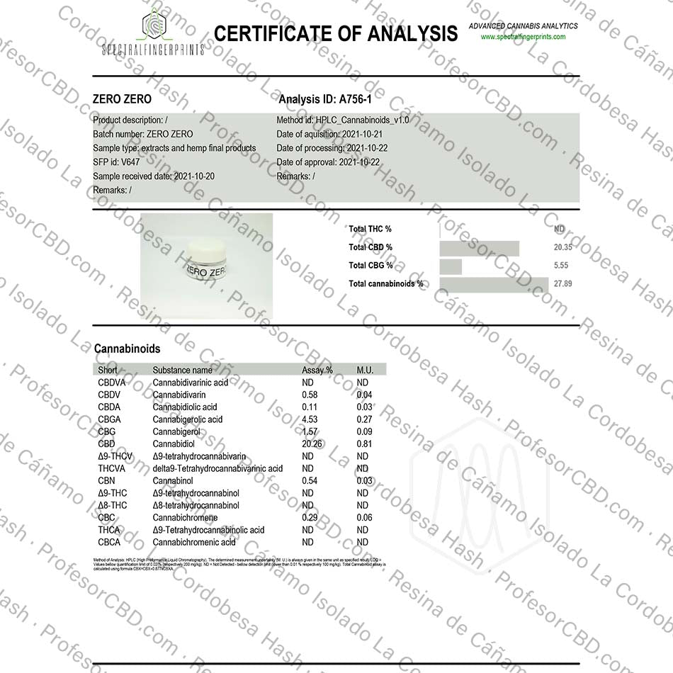 Charas de Cáñamo con 20,35% de CBD y 0% de THC · La Cordobesa hash