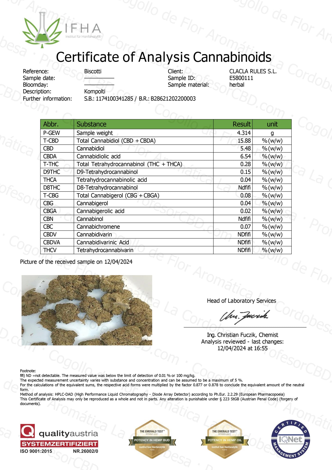 Cogollo de Flor Aromática de CBD con 15,88% · La Cordobesa Helada Nueva Cosecha