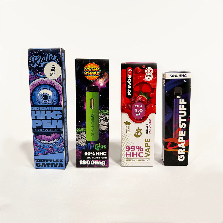 Pack 4 Disposable HHC Vapes up to 98% HHC 1 and 2ml - Rollz, Aporex, Iguana Smoke and Freigeist