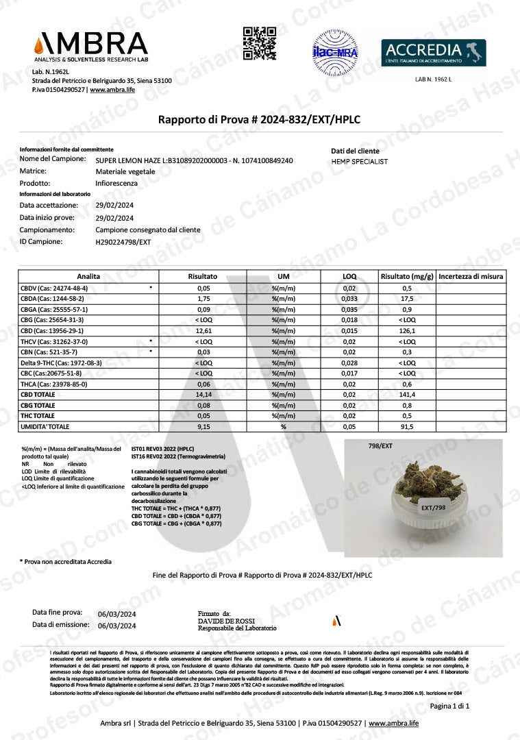 Cogollos Pequeños de Flor Aromática de CBD al 14,14% - La Cordobesa Súper Lemon