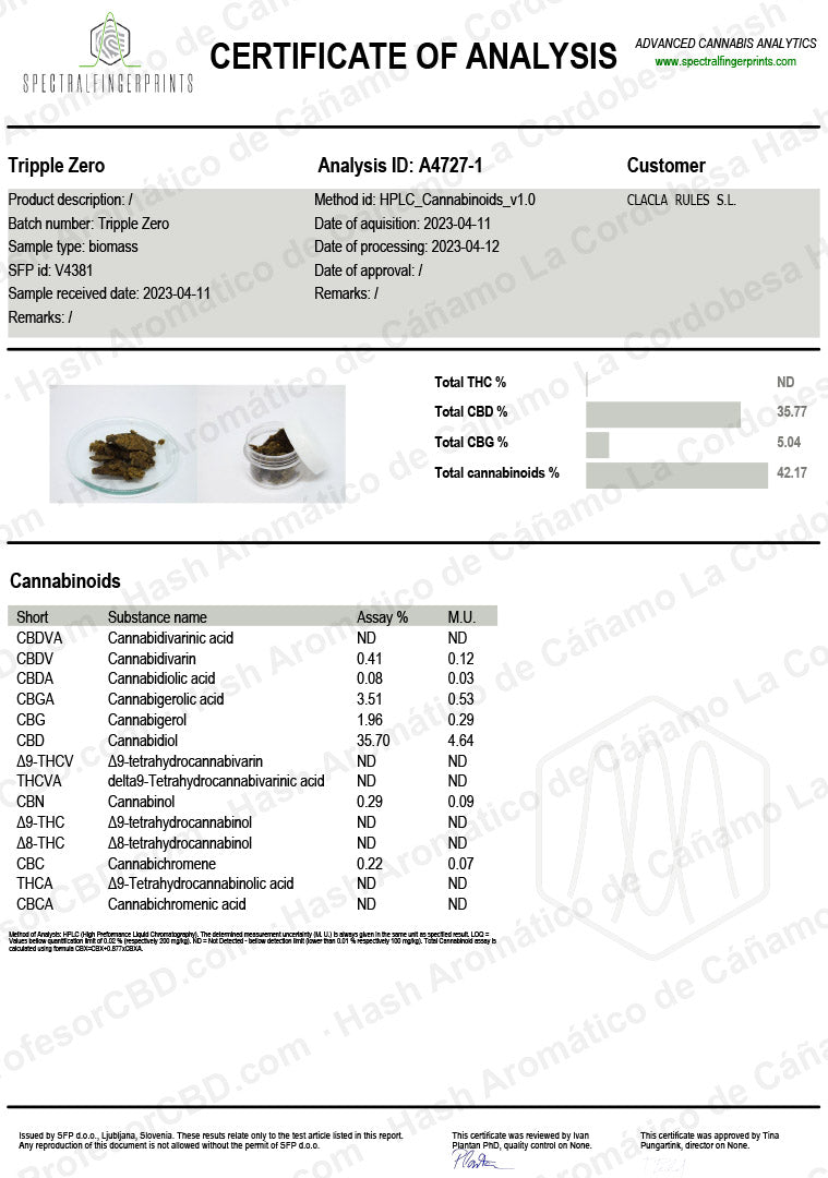 Hash de CBD Triple Zero con 35,77% CBD y 0% THC - La Cordobesa Hash