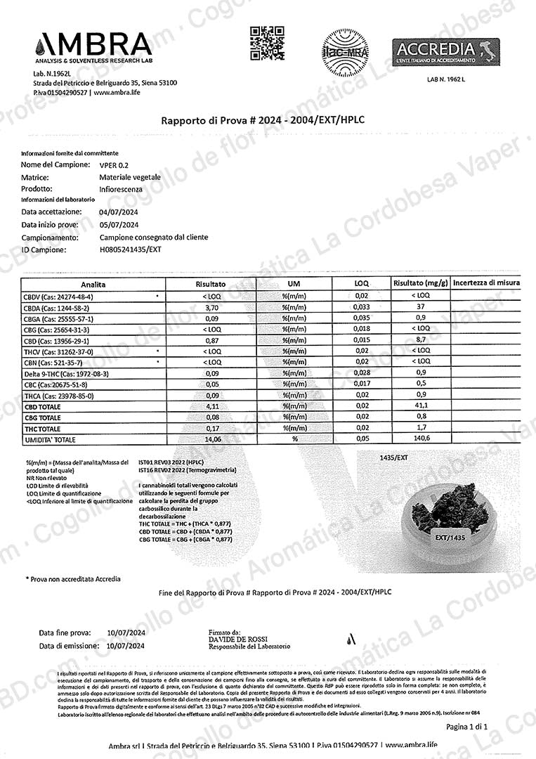 Cogollo de Flor Aromática de CBD Indoor al 4,11% - La Cordobesa Vaper Nueva Cosecha