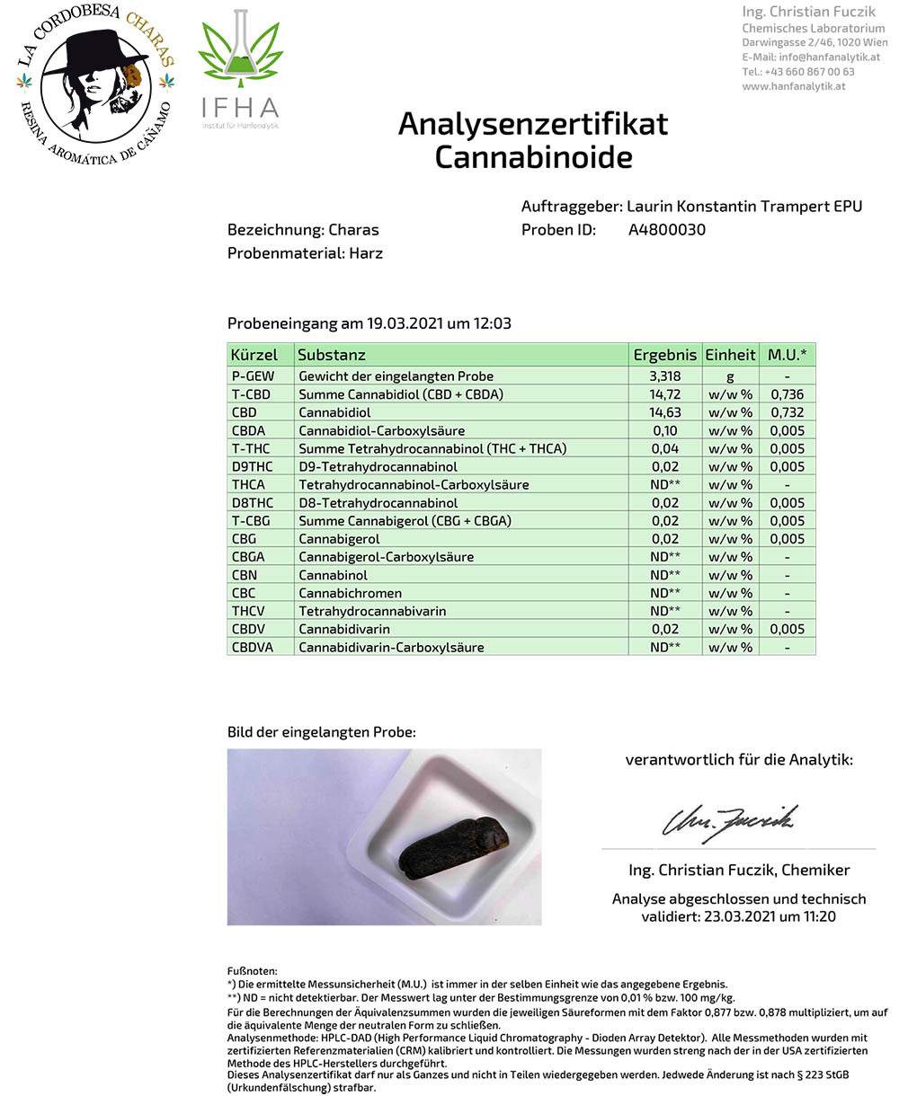 Hemp Charas OG Kush with 14.72% CBD · La Cordobesa hash ·