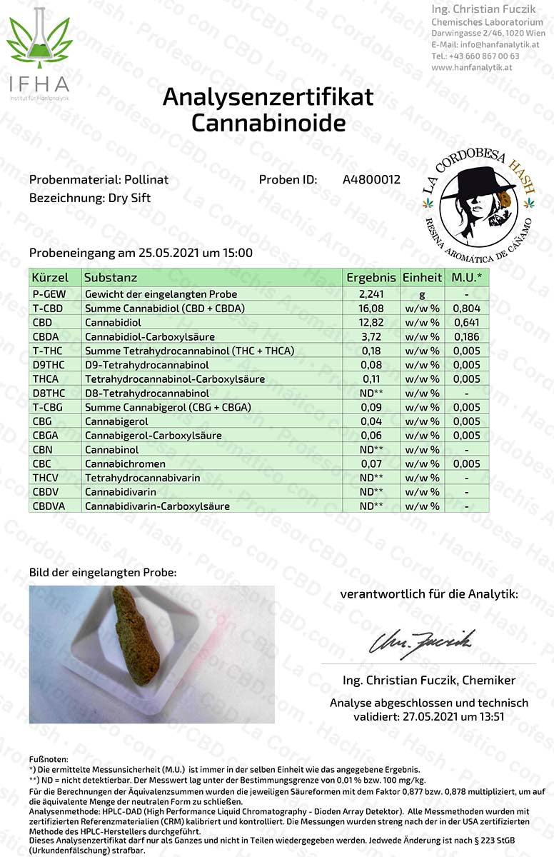 Aromatic hemp hashish with 16.08% CBD La Cordobesa Hash