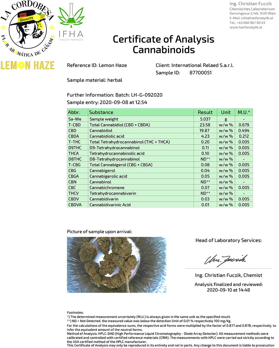 Botão de flor aromático CBD interno a 23,58% · La Cordobesa Súper Limonera (Lemon Haze)
